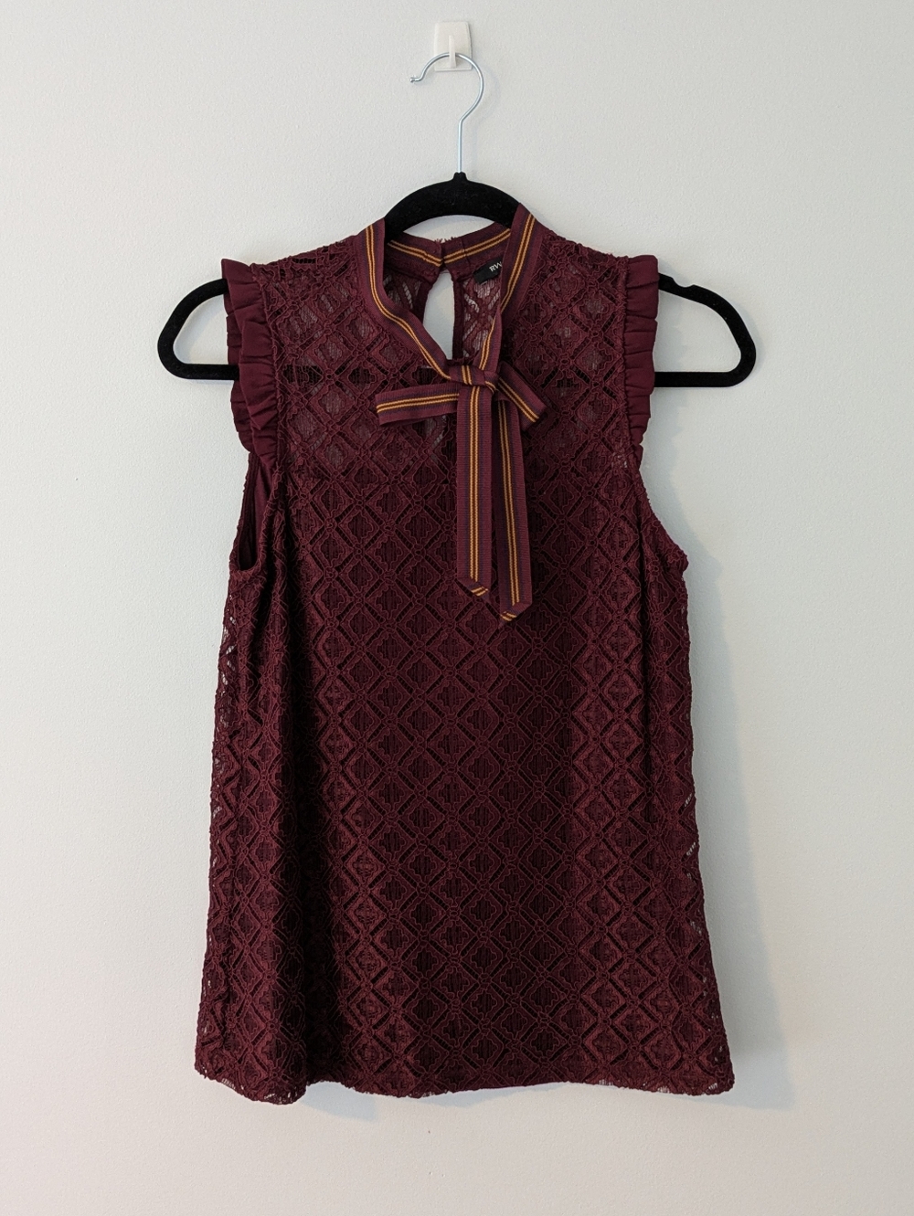 RW&CO. Burgundy Lace Sleeveless Top with Striped Bow